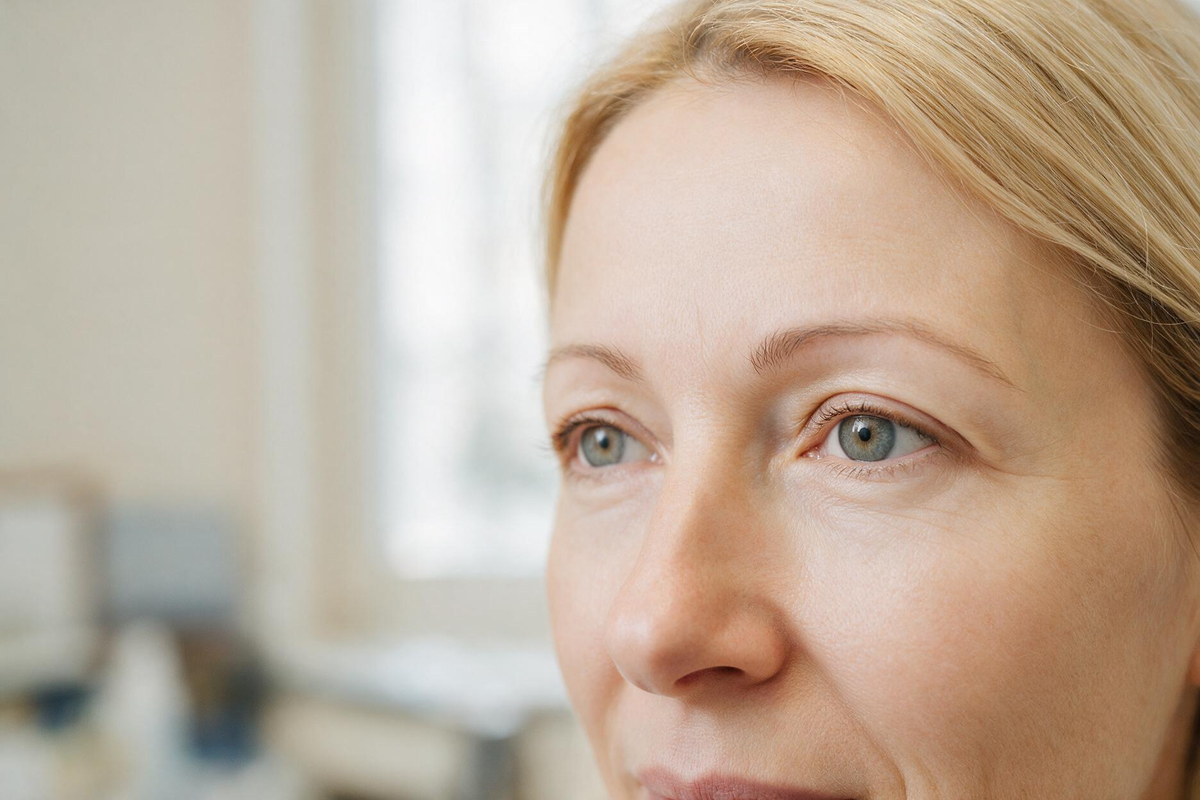 Upper eyelid crease healing after upper blepharoplasty, shown at the suture removal stage